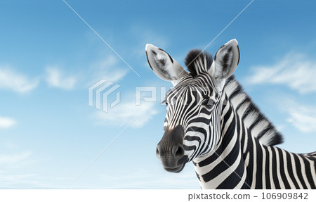 Two zebras embracing.A serene moment in a Zebra herd as two family members rest their heads on each other. striped cape donkey in the blue sky with copy space Two zebras embracing.A serene moment in a Zebra herd as two family members rest their heads on each other. striped cape donkey in the blue sky with copy space 106909842