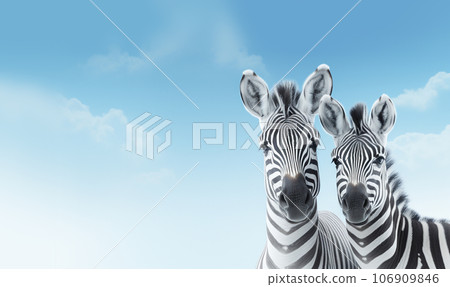 Two zebras embracing.A serene moment in a Zebra herd as two family members rest their heads on each other. striped cape donkey in the blue sky with copy space 106909846