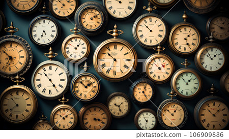 Collection of vintage clock hanging on an old green wall,retro stylish design. Round clocks show different times. 106909886