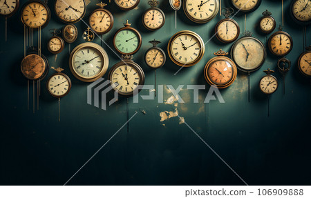 Collection of vintage clock hanging on an old green wall,retro stylish design. Round clocks show different times. 106909888