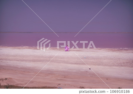 Against the backdrop of a pink salt lake, a woman in a long pink dress takes a leisurely stroll along the white, salty shore, capturing a wanderlust moment. 106910186