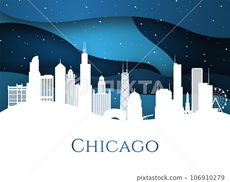 Snowy Chicago skyline on blue background.  106910279