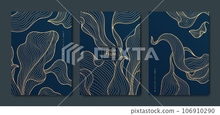 Vector japanese leaves art, algae deco patterns. Floral golden elements template in vintage style. Luxury black line covers, flyers, brochures, packaging design, social media post, banners. Vector japanese leaves art, algae deco patterns. Floral golden elements template in vintage style. Luxury black line covers, flyers, brochures, packaging design, social media post, banners. 106910290