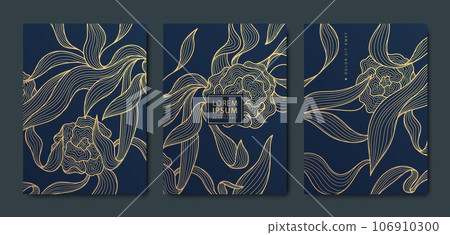 Vector japanese leaves art deco patterns. Floral golden elements template in vintage style. Luxury black line covers, flyers, brochures, packaging design, social media post, banners. 106910300