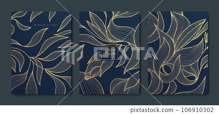 Vector japanese leaves art deco patterns. Floral golden elements template in vintage style. Luxury black line covers, flyers, brochures, packaging design, social media post, banners. Vector japanese leaves art deco patterns. Floral golden elements template in vintage style. Luxury black line covers, flyers, brochures, packaging design, social media post, banners. 106910302