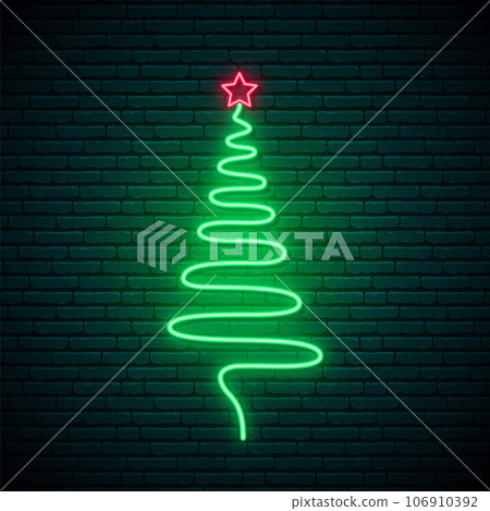 Decorative neon shining Christmas tree with star. Decorative neon shining Christmas tree with star. 106910392