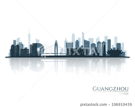 Guangzhou skyline silhouette with reflection. Guangzhou skyline silhouette with reflection. 106910439