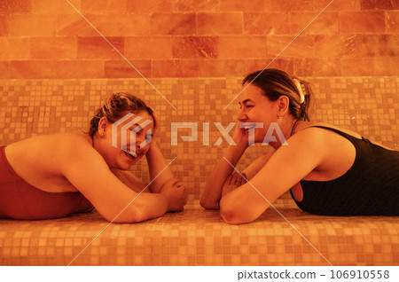 Female clients of a beauty salon or clinic in a halotherapy session. Female clients of a beauty salon or clinic in a halotherapy session. 106910558