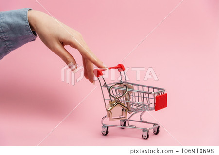 Female hand push shopping mini cart with key and house keychain in it. Pink background. Concept of leasing of real estate and mortgage 106910698
