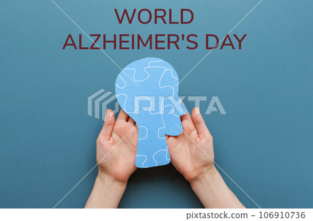 World Alzheimer's day. Female's hands holding a paper human head with puzzle ornament. Blurbackground. Flat lay. The concept of mental health and dementia 106910736