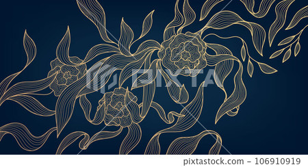 Vector art deco luxury floral line pattern, golden background. Hand drawn wavy plants for packaging, social media post, cover, banner, creative post and wall arts. Japanese style. 106910919