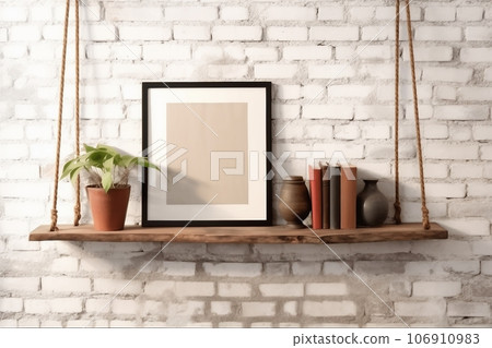 brick wall drift wood shelves and frame concept decor 106910983