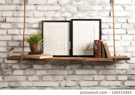 brick wall drift wood shelves and frame concept decor 106910985