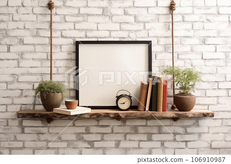 brick wall drift wood shelves and frame concept decor 106910987
