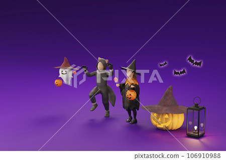 Halloween night, children in costumes / Pop and fun Halloween image / 3D rendering Halloween night, children in costumes / Pop and fun Halloween image / 3D rendering 106910988