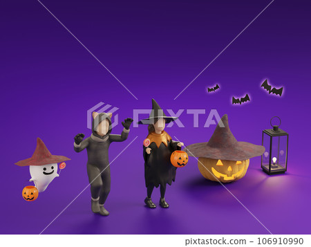 Halloween night, children in costumes / Pop and fun Halloween image / 3D rendering Halloween night, children in costumes / Pop and fun Halloween image / 3D rendering 106910990