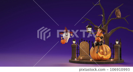 Little witch plays innocently on Halloween night / Halloween vignette / 3D rendering 106910993