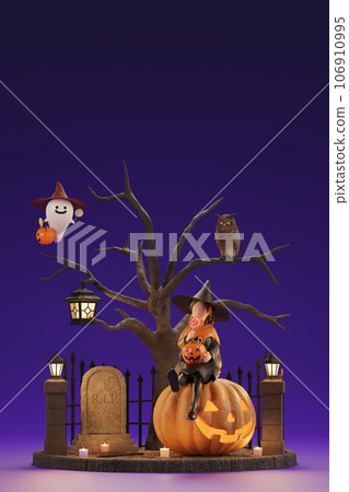 Little witch plays innocently on Halloween night / Halloween vignette / 3D rendering 106910995