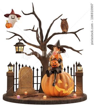 小女巫在萬聖節之夜天真地玩耍/萬聖節小插圖佈局/3D 渲染 小女巫在萬聖節之夜天真地玩耍/萬聖節小插圖佈局/3D 渲染 106910997