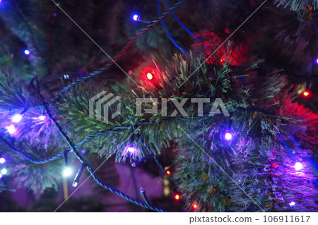 Christmas tree with garlands. Multi-colored light bulbs on the branches of a spruce. Electric lighting for festive evenings. Red, blue, purple and blue lights 106911617