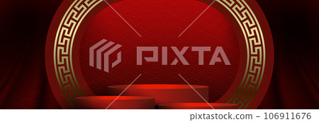 Red composition with stage, oval frame with golden color pattern Red composition with stage, oval frame with golden color pattern 106911676