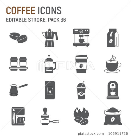 Coffee glyph icon set, coffe shop collection, vector graphics, logo illustrations, caffeine vector icons, cafe signs, solid pictograms, editable stroke 106911726