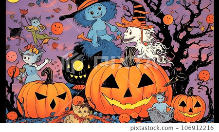 Autumn Halloween Fantastic and psychedelic illustration Pumpkin lantern Skeleton Ghost Black cat Light purple sky Autumn Halloween Fantastic and psychedelic illustration Pumpkin lantern Skeleton Ghost Black cat Light purple sky 106912216