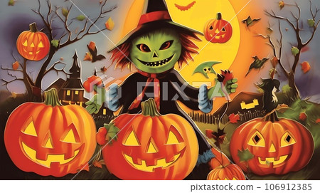 Autumn Halloween Three pumpkin lanterns and a scarecrow-like ghost welcome everyone under the light of a full moon. Autumn Halloween Three pumpkin lanterns and a scarecrow-like ghost welcome everyone under the light of a full moon. 106912385