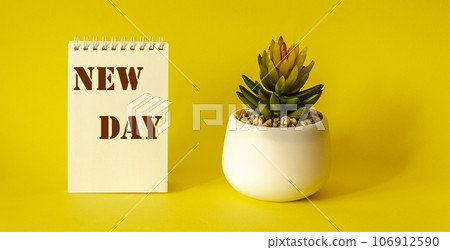 New day text on white notepad, next to pot of flowers on yellow background 106912590