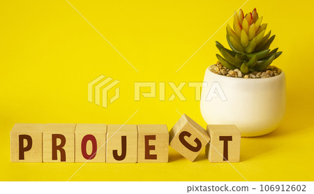 Project word letters on wooden blocks on a yellow table. Project word letters on wooden blocks on a yellow table. 106912602