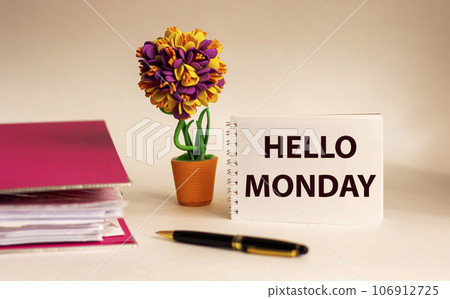 HELLO MONDAY text and flower on light background. The concept of the beginning of the work week HELLO MONDAY text and flower on light background. The concept of the beginning of the work week 106912725