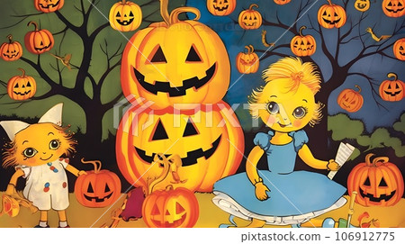 Autumn Halloween Many pumpkin lanterns, a girl in a light blue dress, and a child in white clothes 106912775