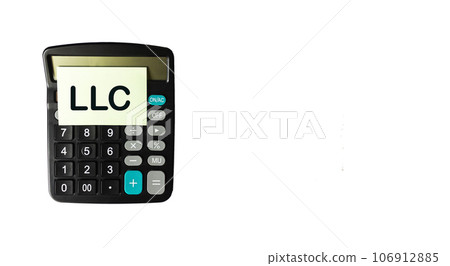 LLC - limited liability company, abbreviation on a sticker with a calculator on a white background.  106912885