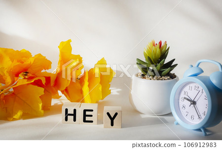 Word hey made from wooden blocks on white background with yellow foliage and clock Word hey made from wooden blocks on white background with yellow foliage and clock 106912983