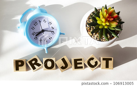 Project word letters on wooden blocks on white table with alarm clock and cactus. Project Marketing  106913005