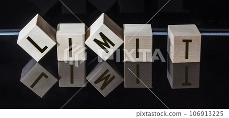 Restriction, word on wooden cubes, business concept. Black mirror background 106913225