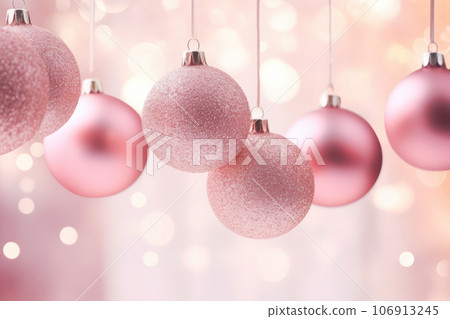Pink trendy Christmas hanging decorations on pink background Pink trendy Christmas hanging decorations on pink background 106913245
