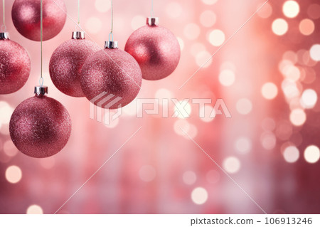 Pink trendy Christmas hanging decorations on pink background 106913246