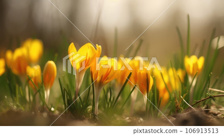 Purple spring crocus flowers growth in the snow Purple spring crocus flowers growth in the snow 106913513