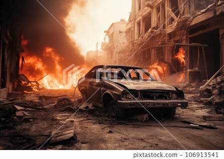 Burned car in the city after russian terrorists attack 106913541