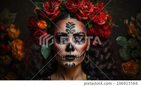 Woman with sugar skull make up and red flowers Woman with sugar skull make up and red flowers 106913568