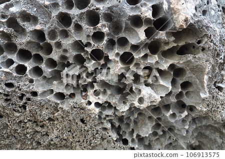 Volcanic stones. Spongy cellular loose airy porous stone material. Close-up rock near Meljine, Herceg Novi, Montenegro. Holes in solidified lava. Gray black rock of the Adriatic Mediterranean region 106913575