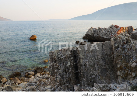 Fort Mezaluna Mesaluna Citadel Citadela Montenegro, Herceg Novi. The ruins of an ancient stone fortress, destroyed in an earthquake, fell into the Adriatic Sea, the Mediterranean. Tourist attractions Fort Mezaluna Mesaluna Citadel Citadela Montenegro, Herceg Novi. The ruins of an ancient stone fortress, destroyed in an earthquake, fell into the Adriatic Sea, the Mediterranean. Tourist attractions 106913609