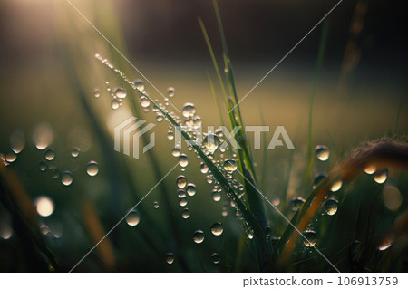 Closeup of lush green grass with drops of dew in soft morning light, Generative AI 106913759
