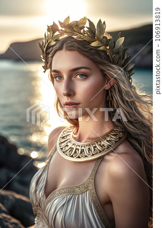 Greek goddess Aphrodite style dress and golden wreath Generative AI 106913819