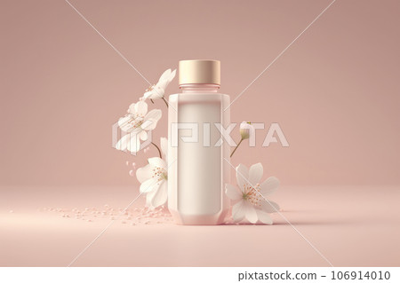 White cosmetic bottle mock up on the pink background with flowers, Generative AI 106914010