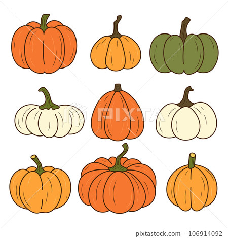 Pumpkin of various shapes and colors. Thanksgiving and Halloween Elements. 106914092