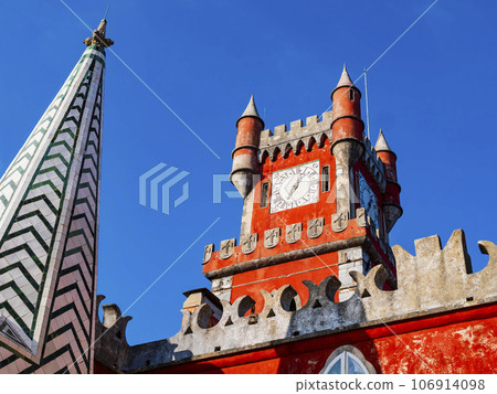 Amazing detail of famous Pena Palace and its clock tower, Sintra, Portugal 106914098