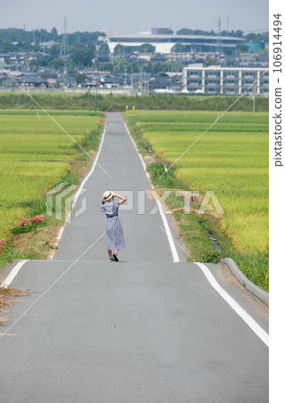 一個女人走在稻田小路上 106914494