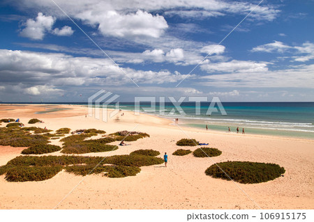 Kite and windsurf paradise, sandy beach and lagoon of Risco del Paso on the east coast of Fuerteventura in the Canary Islands 106915175